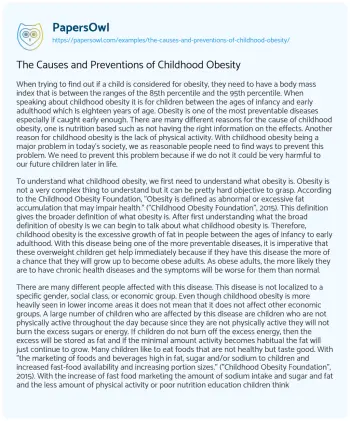 Essay on The Causes and Preventions of Childhood Obesity