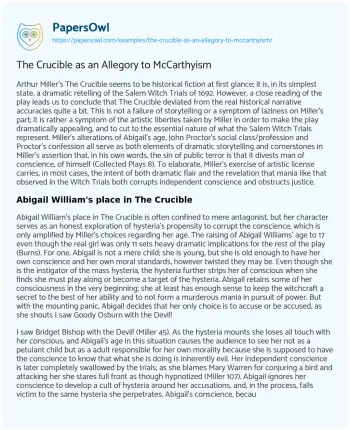 Essay on The Crucible as an Allegory to McCarthyism