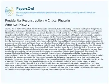 Essay on Presidential Reconstruction: a Critical Phase in American History