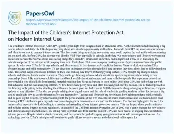 Essay on The Impact of the Children’s Internet Protection Act on Modern Internet Use