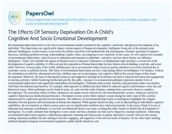 Essay on The Effects of Sensory Deprivation on a Child’s Cognitive and Socio Emotional Development