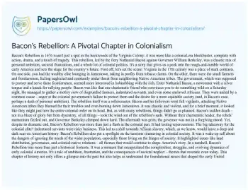 Essay on Bacon’s Rebellion: a Pivotal Chapter in Colonialism