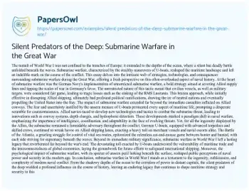 Essay on Silent Predators of the Deep: Submarine Warfare in the Great War