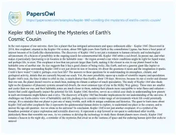 Essay on Kepler 186f: Unveiling the Mysteries of Earth’s Cosmic Cousin