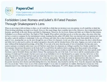 Essay on Forbidden Love: Romeo and Juliet’s Ill-Fated Passion through Shakespeare’s Lens