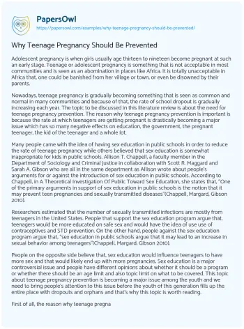 Essay on Why Teenage Pregnancy should be Prevented