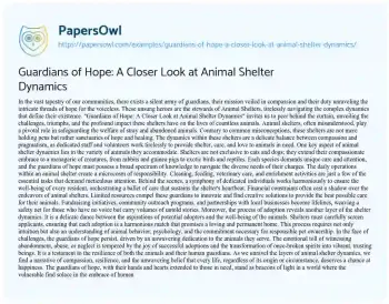 Essay on Guardians of Hope: a Closer Look at Animal Shelter Dynamics