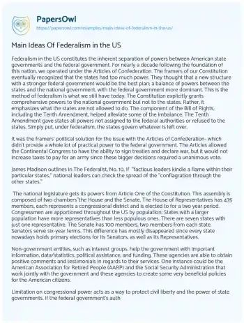 Essay on Main Ideas of Federalism in the US