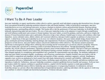 Essay on I Want to be a Peer Leader