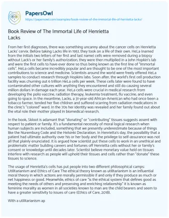 Essay on Book Review of the Immortal Life of Henrietta Lacks