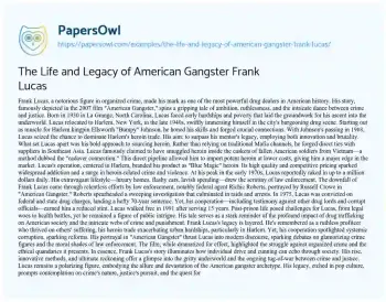 Essay on The Life and Legacy of American Gangster Frank Lucas