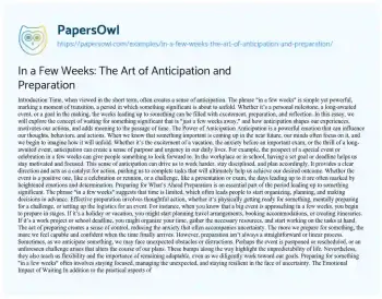 Essay on In a few Weeks: the Art of Anticipation and Preparation