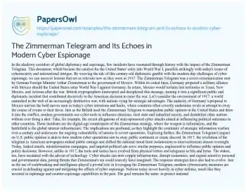 Essay on The Zimmerman Telegram and its Echoes in Modern Cyber Espionage