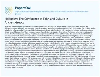 Essay on Hellenism: the Confluence of Faith and Culture in Ancient Greece