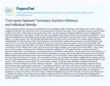 Essay on “Corn-pone Opinions” Summary: Society’s Influence and Individual Identity