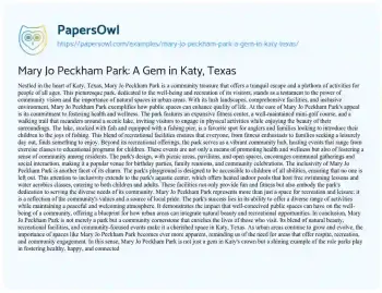 Essay on Mary Jo Peckham Park: a Gem in Katy, Texas