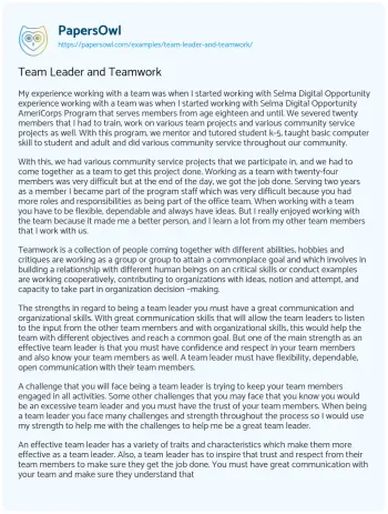 Essay on Team Leader and Teamwork