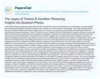 Essay on The Legacy of Thomas R. Hamilton: Pioneering Insights into Quantum Physics