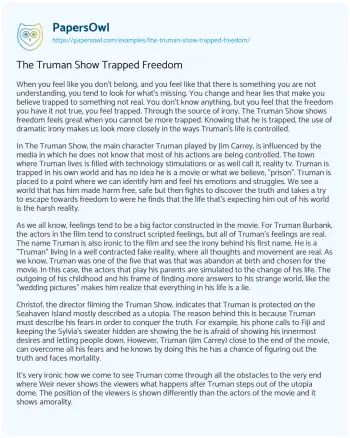 Essay on The Truman Show Trapped Freedom