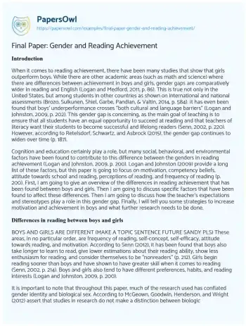 Essay on Final Paper: Gender and Reading Achievement