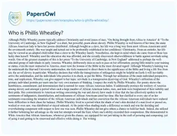 Essay on Phillis Wheatley and her Legacy