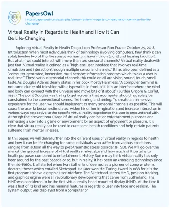 Essay on Virtual Reality in Regards to Health and how it Can be Life-Changing