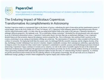 Essay on The Enduring Impact of Nicolaus Copernicus: Transformative Accomplishments in Astronomy