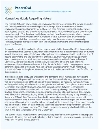 Essay on Humanities Hubris Regarding Nature