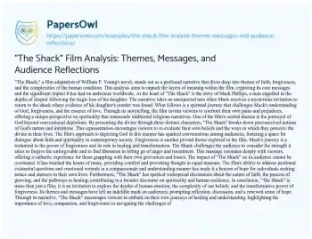 Essay on “The Shack” Film Analysis: Themes, Messages, and Audience Reflections