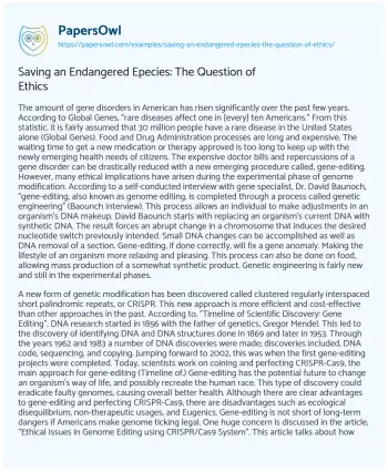 Essay on Saving an Endangered Epecies: the Question of Ethics