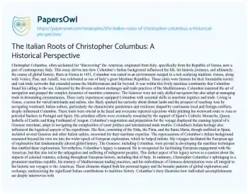 Essay on The Italian Roots of Christopher Columbus: a Historical Perspective