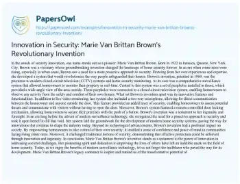 Essay on Innovation in Security: Marie Van Brittan Brown’s Revolutionary Invention