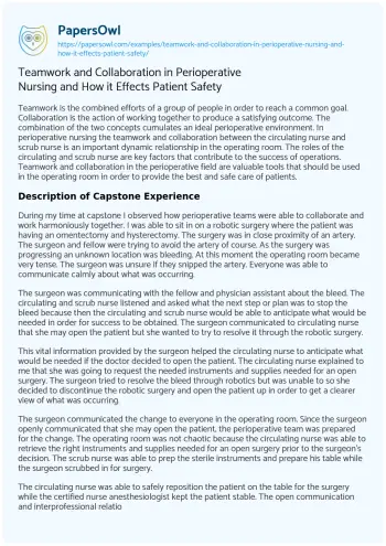 Essay on Teamwork and Collaboration in Perioperative Nursing and how it Effects Patient Safety