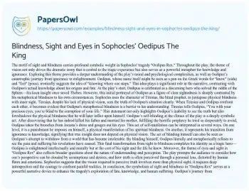 Essay on Blindness, Sight and Eyes in Sophocles’ Oedipus the King