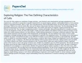 Essay on Exploring Religion: the Five Defining Characteristics of Cults