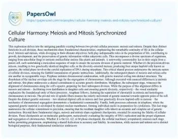 Essay on Cellular Harmony: Meiosis and Mitosis Synchronized Culture