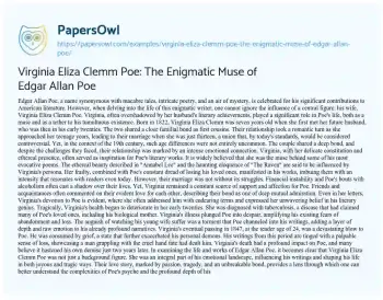 Essay on Virginia Eliza Clemm Poe: the Enigmatic Muse of Edgar Allan Poe