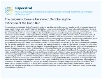 Essay on The Enigmatic Demise Unraveled: Deciphering the Extinction of the Dodo Bird