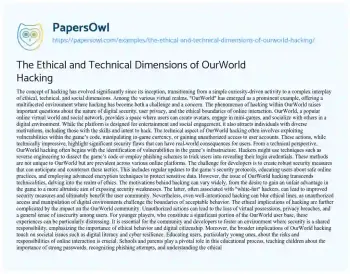 Essay on The Ethical and Technical Dimensions of OurWorld Hacking