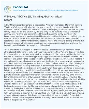 Essay on Willy Lives all of his Life Thinking about American Dream