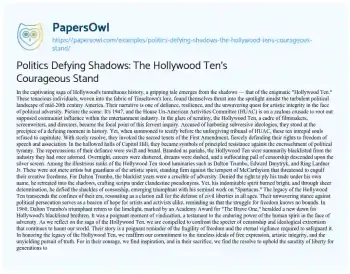 Essay on Politics Defying Shadows: the Hollywood Ten’s Courageous Stand