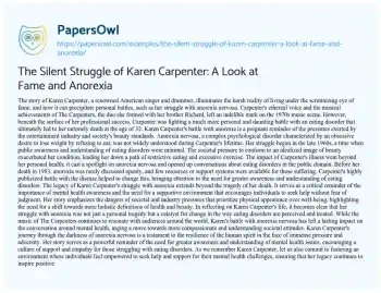 Essay on The Silent Struggle of Karen Carpenter: a Look at Fame and Anorexia