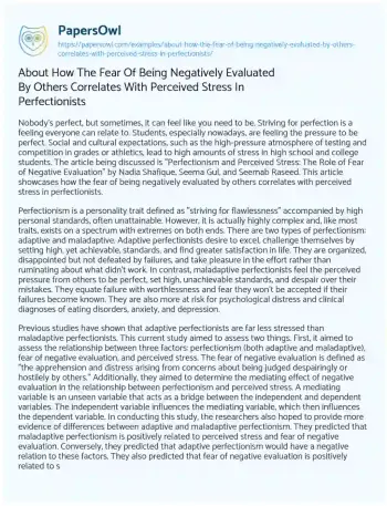 Essay on About how the Fear of being Negatively Evaluated by Others Correlates with Perceived Stress in Perfectionists