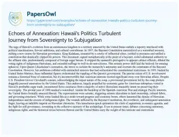 Essay on Echoes of Annexation: Hawaii’s Politics Turbulent Journey from Sovereignty to Subjugation