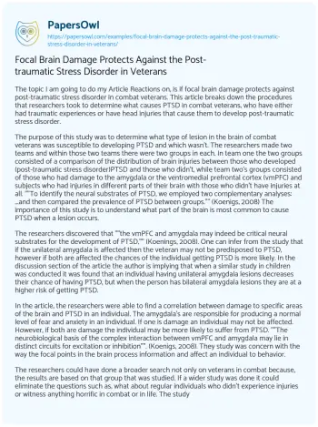 Essay on Focal Brain Damage Protects against the Post-traumatic Stress Disorder in Veterans