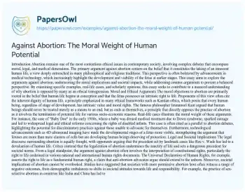 Essay on Against Abortion: the Moral Weight of Human Potential