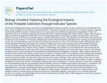 Essay on Biology Unveiled: Exploring the Ecological Impacts of the Probable Extinction through Indicator Species