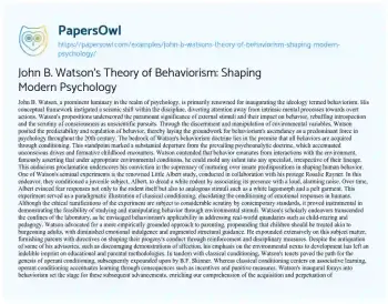 Essay on John B. Watson’s Theory of Behaviorism: Shaping Modern Psychology