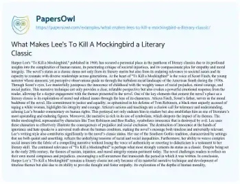 Essay on What Makes Lee’s to Kill a Mockingbird a Literary Classic