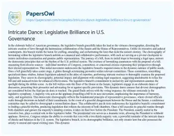 Essay on Intricate Dance: Legislative Brilliance in U.S. Governance